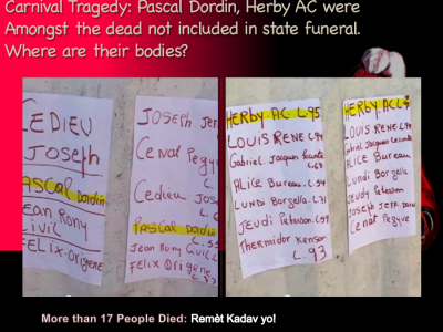 Gov. officials say 17 died in Carnival Tragedy, 2015. Pascal Dordin, Herby AC are noted as dead victims by wall hospital list. Where are the bodies /Source: Video (Extracted from video by Mike Perrett)